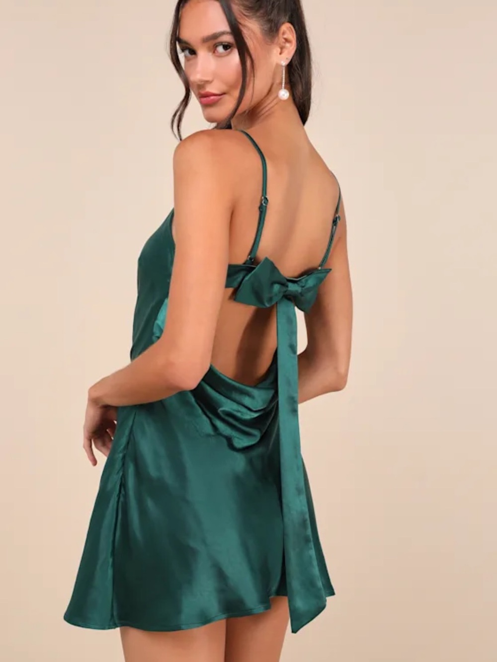 Lulus Sincerest Elegance Emerald Satin Cowl Back Bow Mini Dress